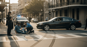 Pedestrian accident in Alabama city with police documenting scene for injury claim support.