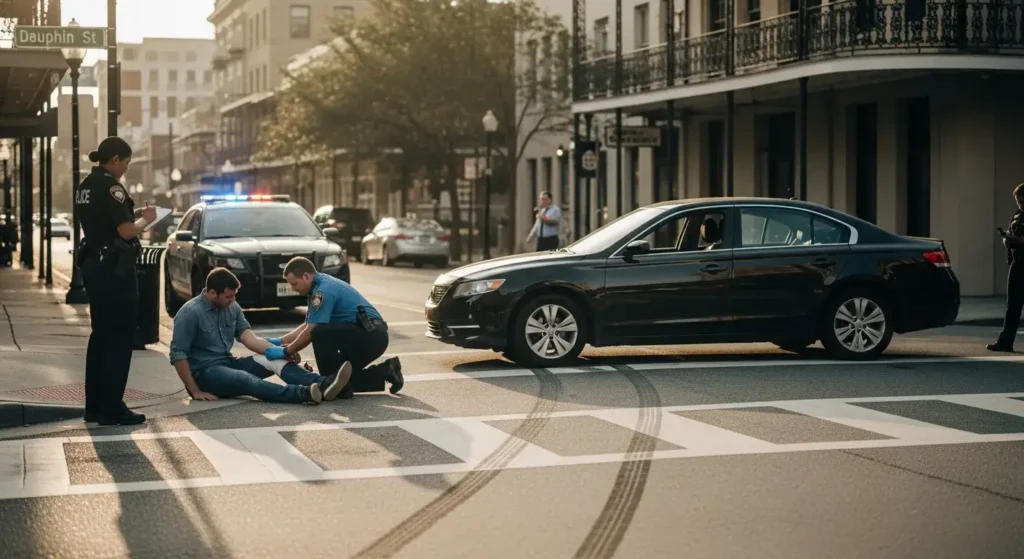 an injured pedestrian attended by a paramedic with a police officer standing beside him