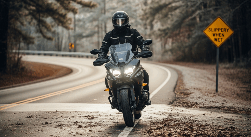 Winter motorcycle safety in Alabama showing rider in cold-weather gear on wet roads.