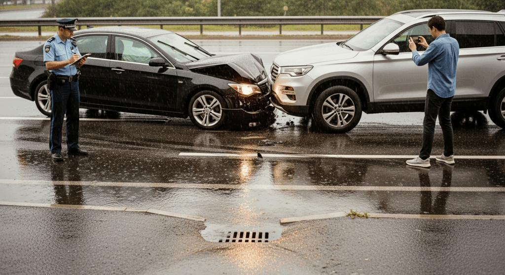 Rainy day car crash on wet road showing hydroplaning risk and poor drainage conditions