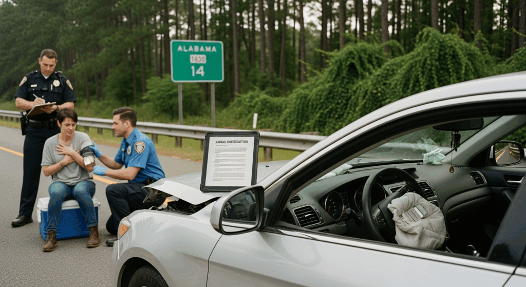 Defective airbag accident in Alabama with injured driver and failed airbag after crash.
