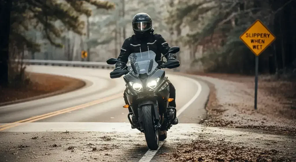 winter motorcycle safety in alabama showing rider in cold-weather gear on wet roads