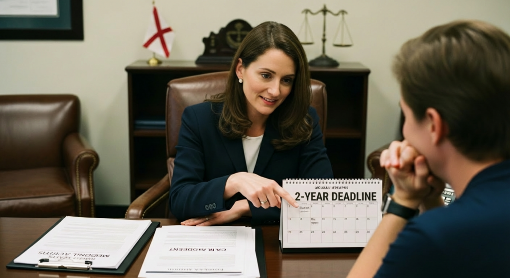 Attorney explaining Alabama car accident claim deadline and two-year statute of limitations to client