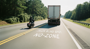 Alabama motorcycle safety showing rider avoiding truck no-zones and maintaining proper lane position.