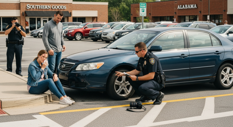 Pedestrian parking lot accident in Alabama with police documenting fault and gathering evidence.