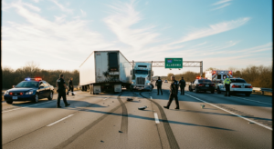 Jackknife truck accident in Alabama with semi-truck blocking highway and police securing scene.